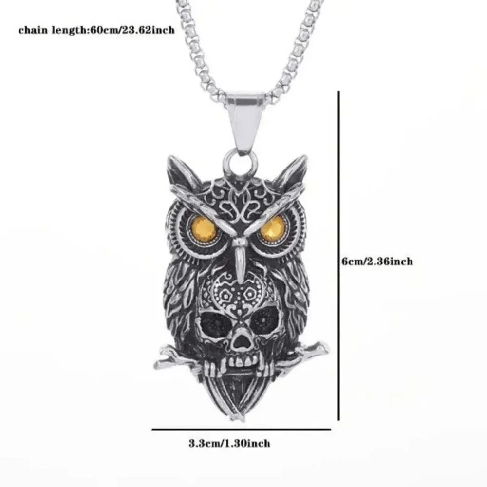 Stainless Steel Gothic Owl Skull Pendant Necklace